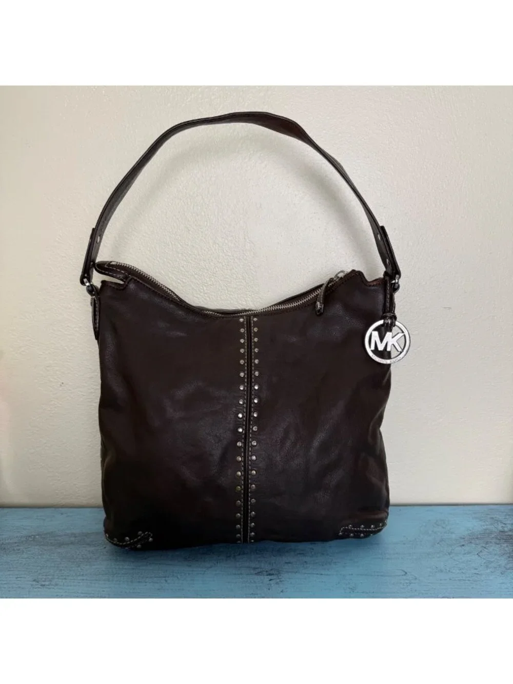 Michael Kors Vintage Astor Leather Studded Hobo Shoulder Bag Brown